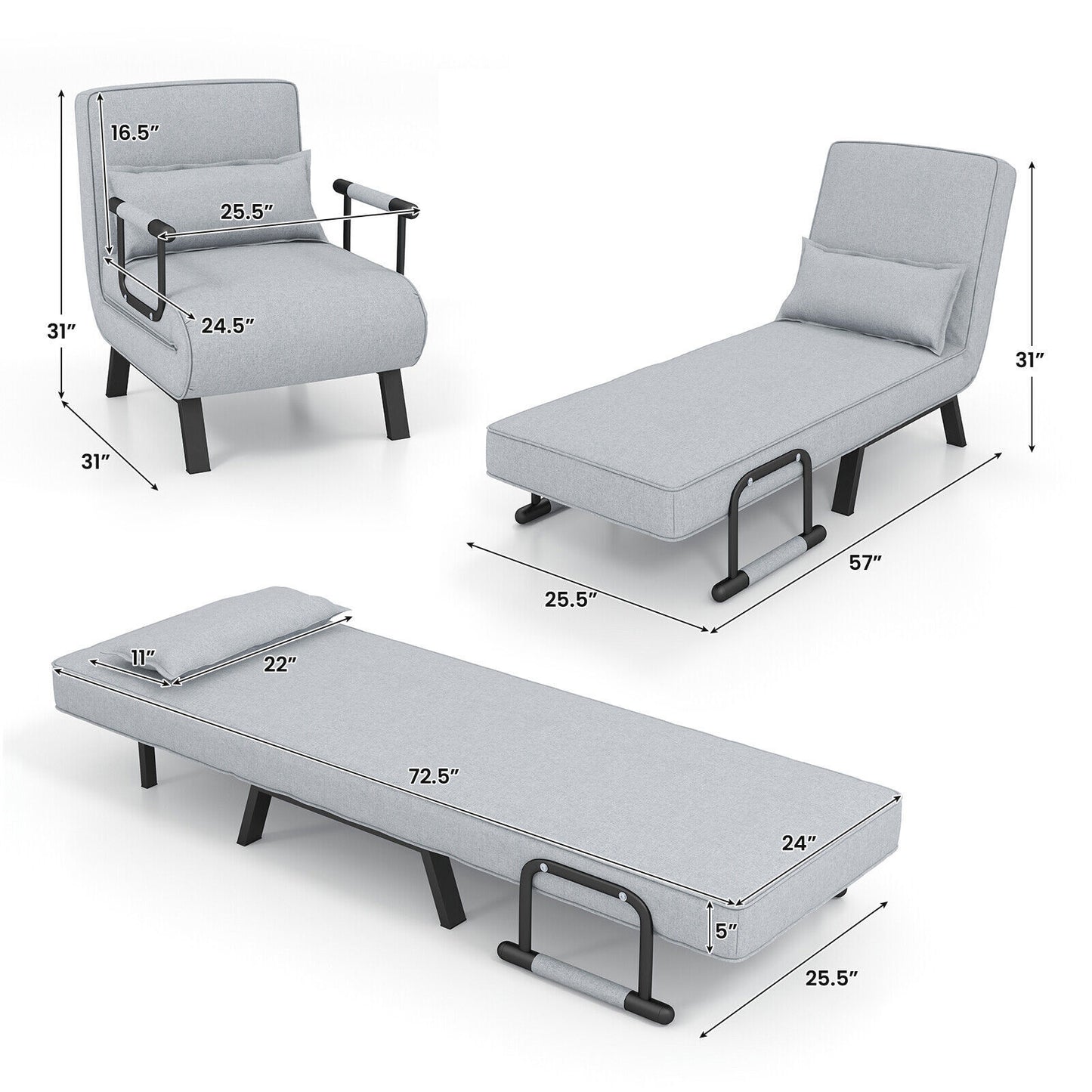 Convertible Folding Sleeper Lounge Chair with 6 Positions and Plush Pillow