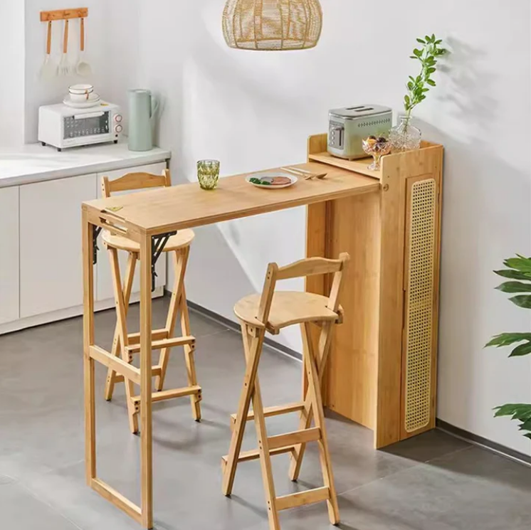 Compact Folding Bamboo Bar Table with Removable Storage Shelves