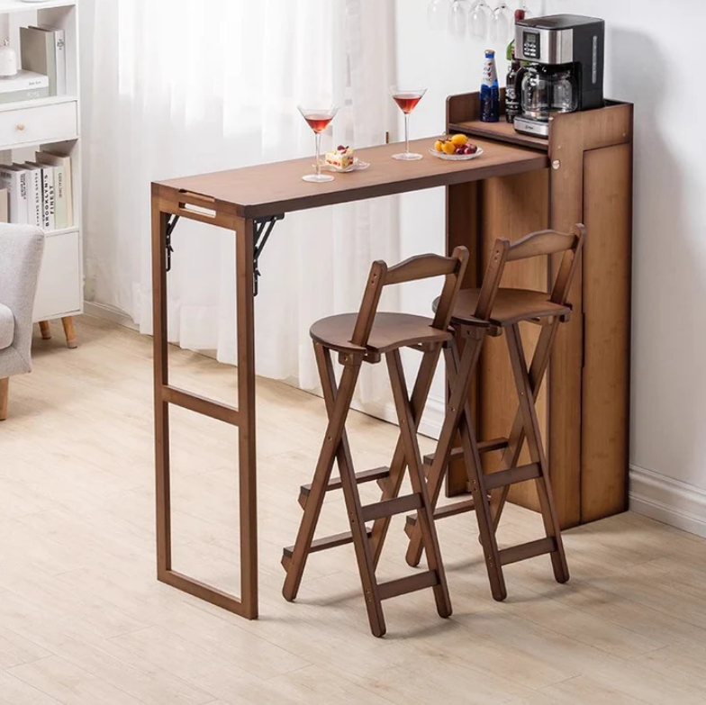Compact Folding Bamboo Bar Table with Removable Storage Shelves