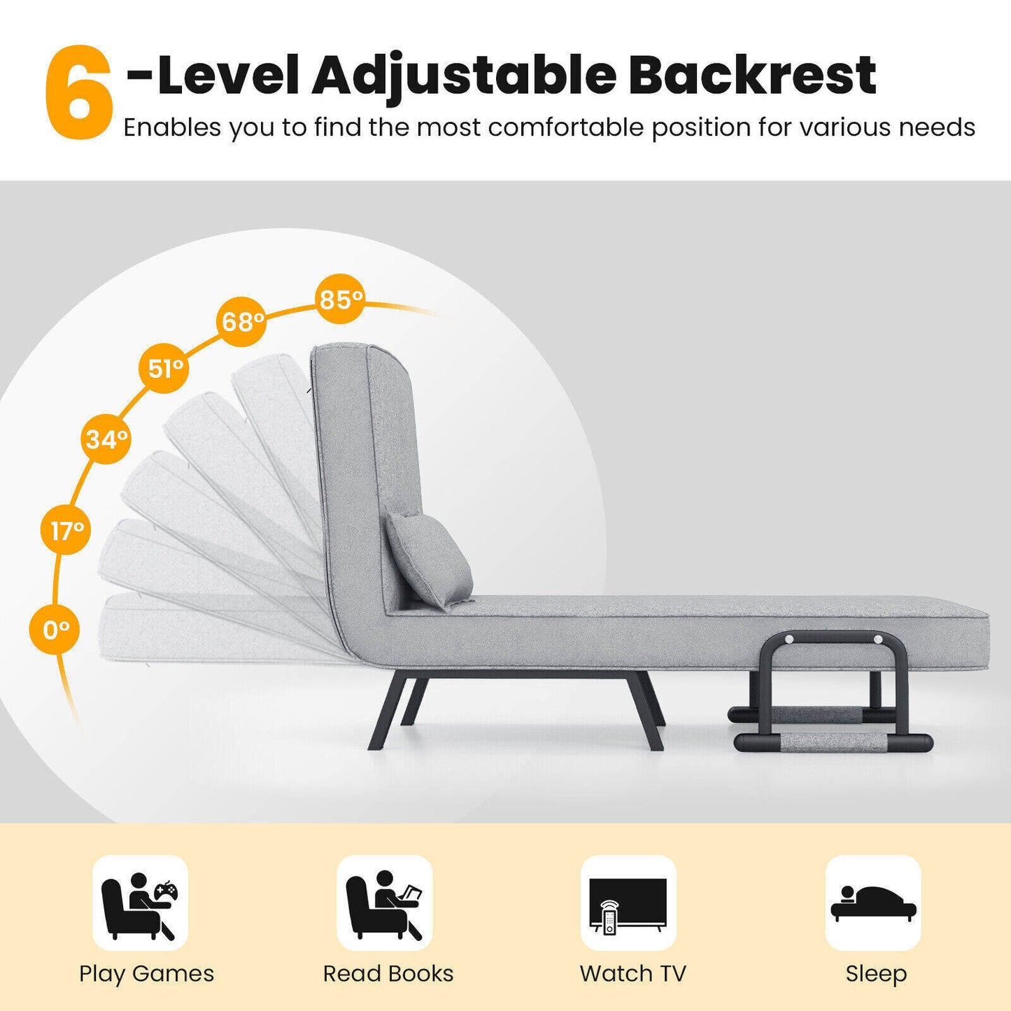 Convertible Folding Sleeper Lounge Chair with 6 Positions and Plush Pillow