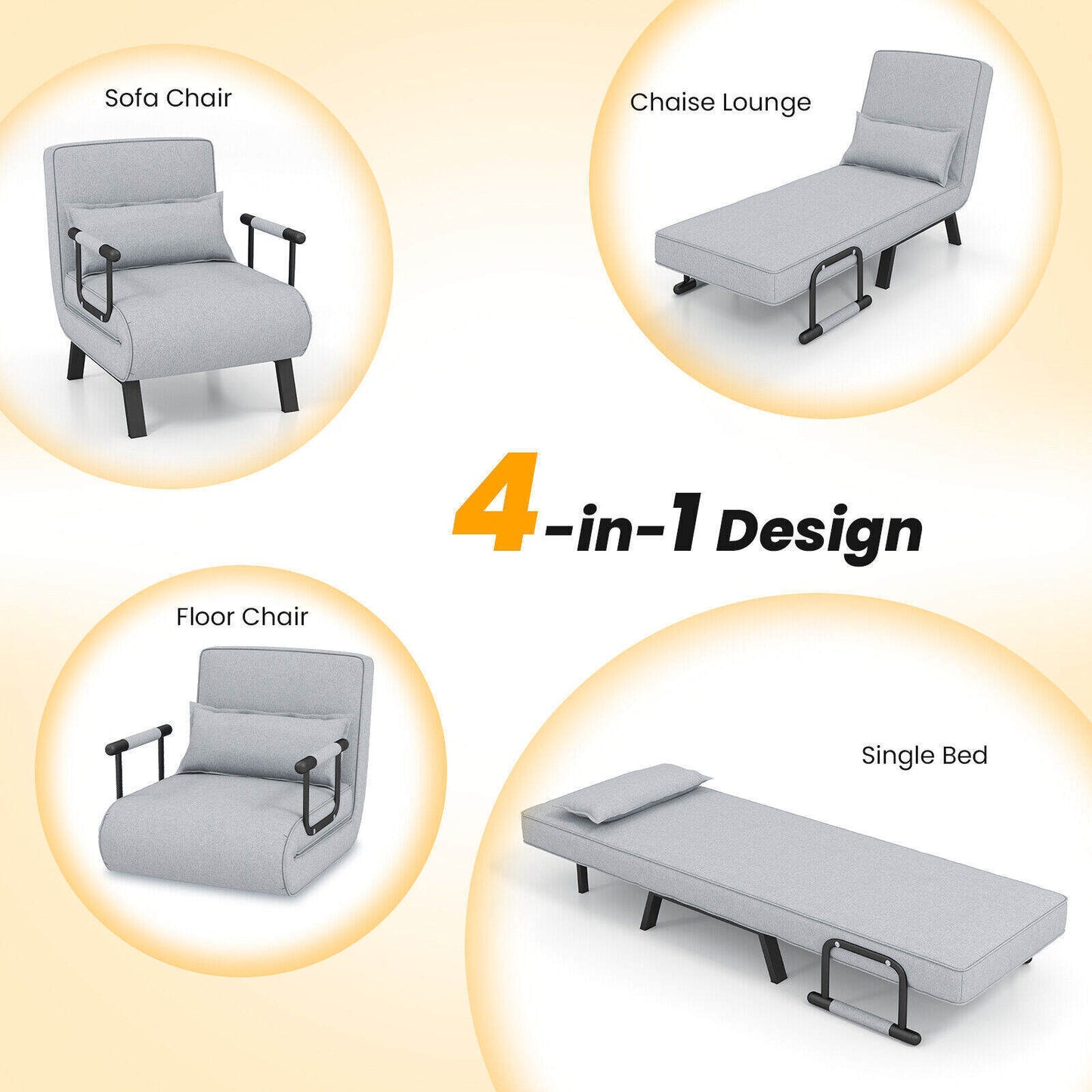 Convertible Folding Sleeper Lounge Chair with 6 Positions and Plush Pillow