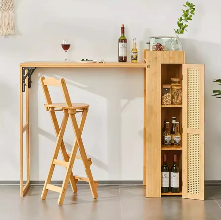 Compact Folding Bamboo Bar Table with Removable Storage Shelves