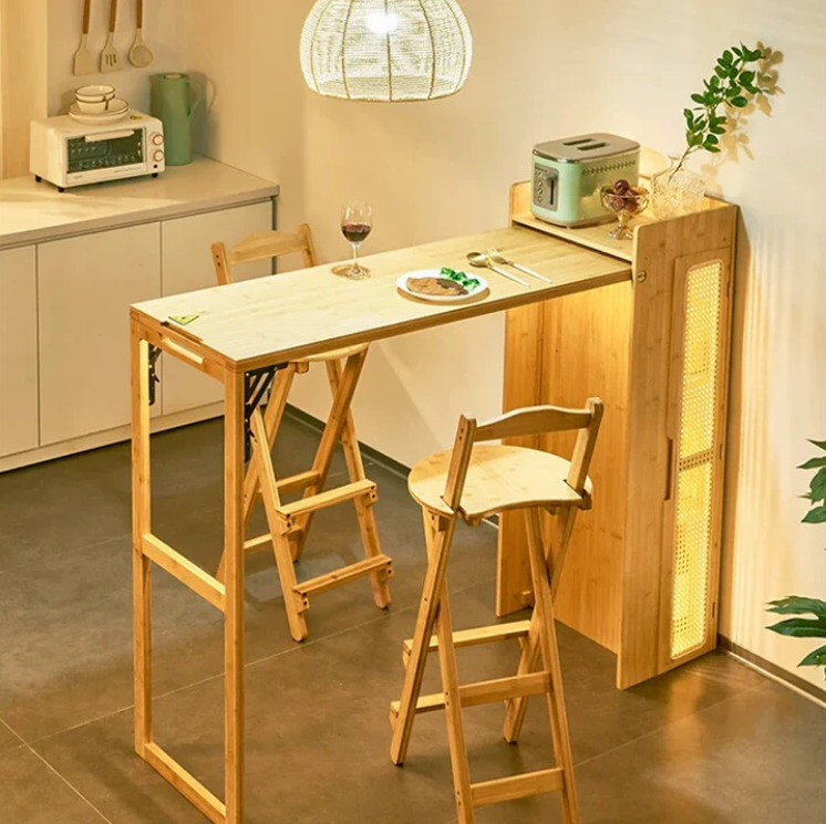Compact Folding Bamboo Bar Table with Removable Storage Shelves